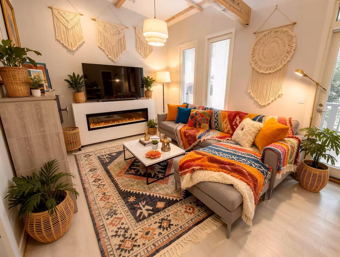 Bohemian living room with colorful patterned textiles, gray sectional sofa, woven wall hangings, indoor plants in wicker baskets, electric fireplace, and warm ambient lighting.