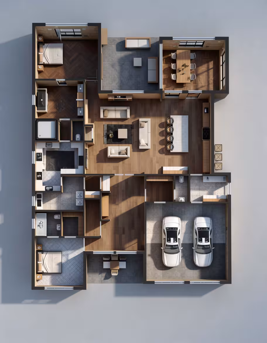 Industrial loft style 3D floor plan render with furnished interiors, open living space, and realistic garage layout
