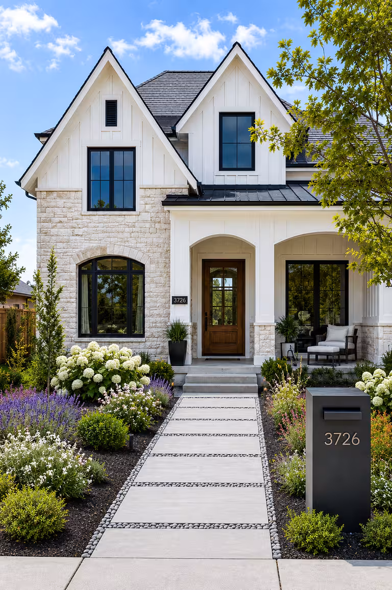Modern white farmhouse with stone veneer and arched porch, a straight concrete paver walkway edged with river pebbles, flanked by large white hydrangeas and purple salvia with dark mulch beds and a modern gray mailbox displaying house number 3726