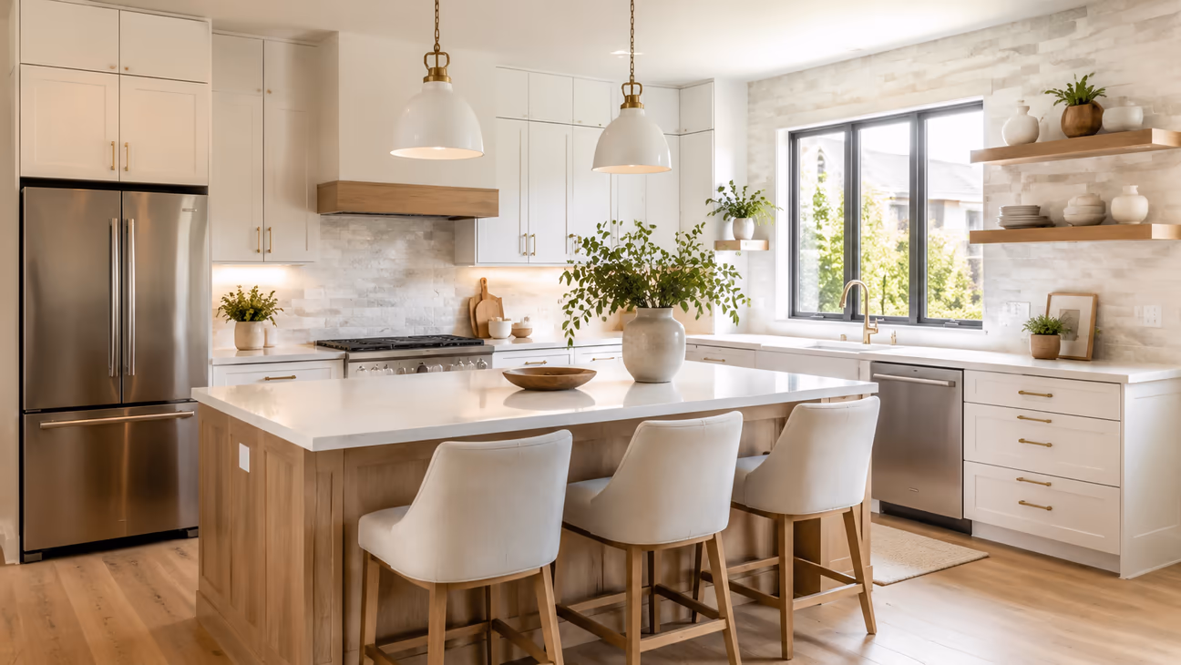 bright modern kitchen with light wood cabinets, built-in appliances, and a large quartz island