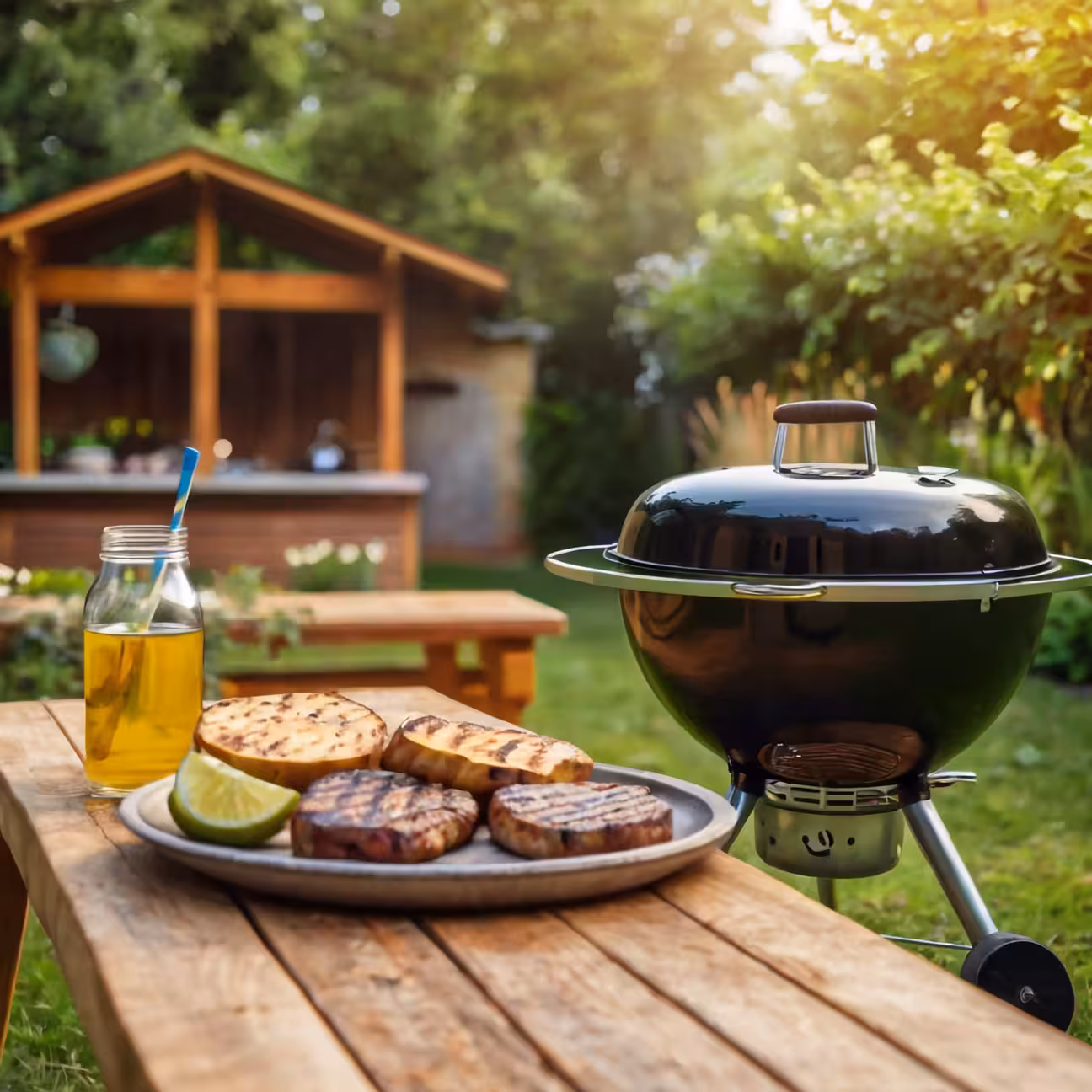 Simple backyard outdoor kitchen setup with charcoal grill, grilled food, and wooden table in a garden setting.