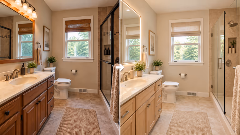 bathroom redesigned with light wood cabinets and cream tiles
