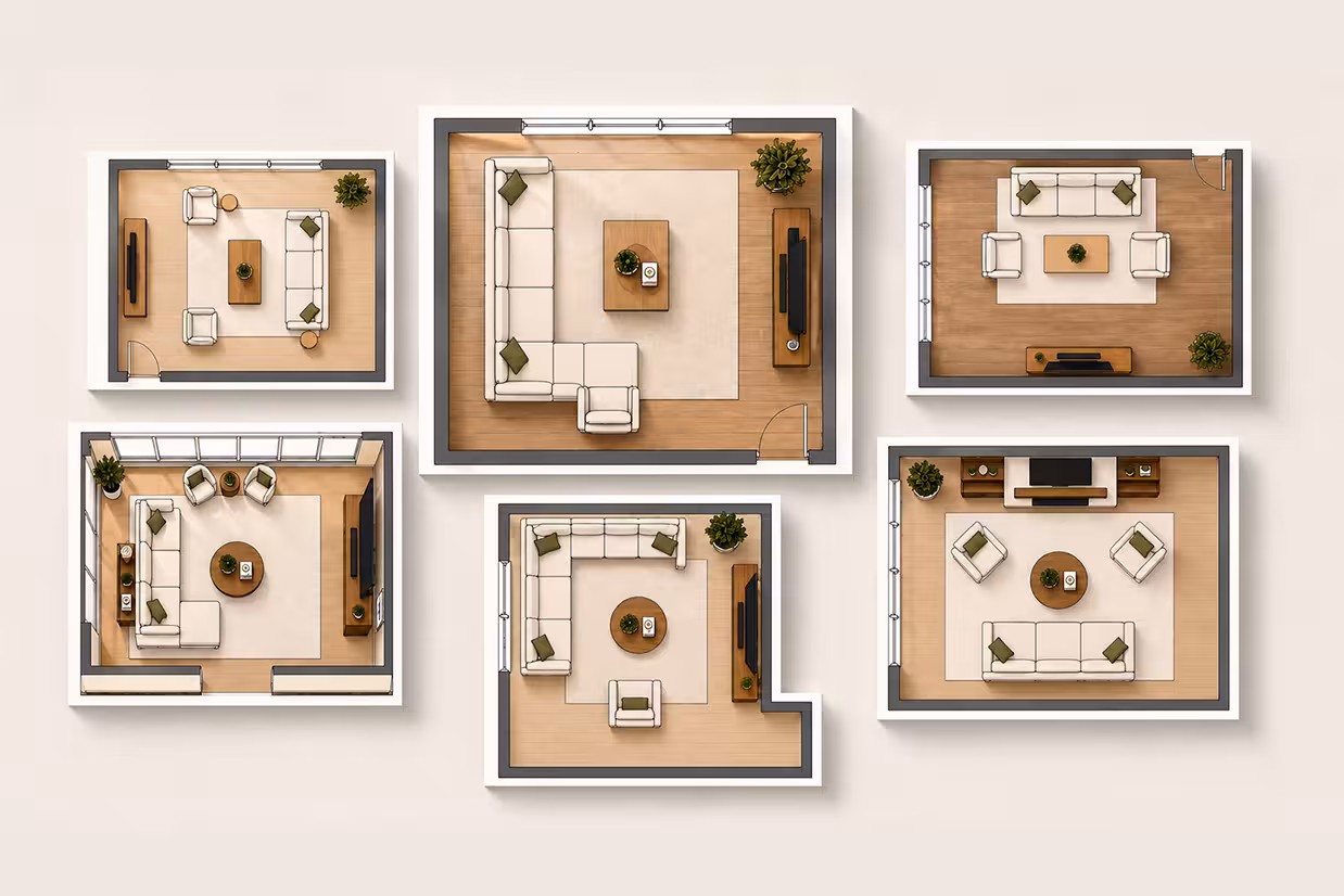 Top-down collage of six modern living room floor plan layouts arranged on a soft beige background, featuring a large central layout surrounded by five smaller layouts with Scandinavian-inspired furniture, light wood flooring, neutral color palettes, and subtle drop shadows.