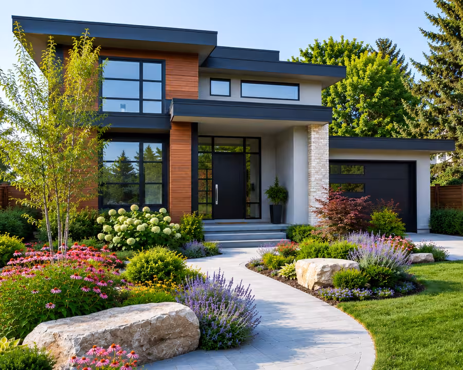 A landscaped exterior of a duplex apartment.