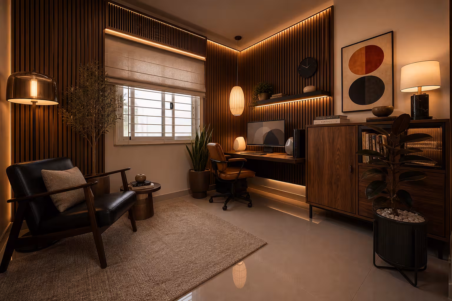 Neo deco home office with walnut slat walls, warm ambient lighting, and luxury workspace styling.