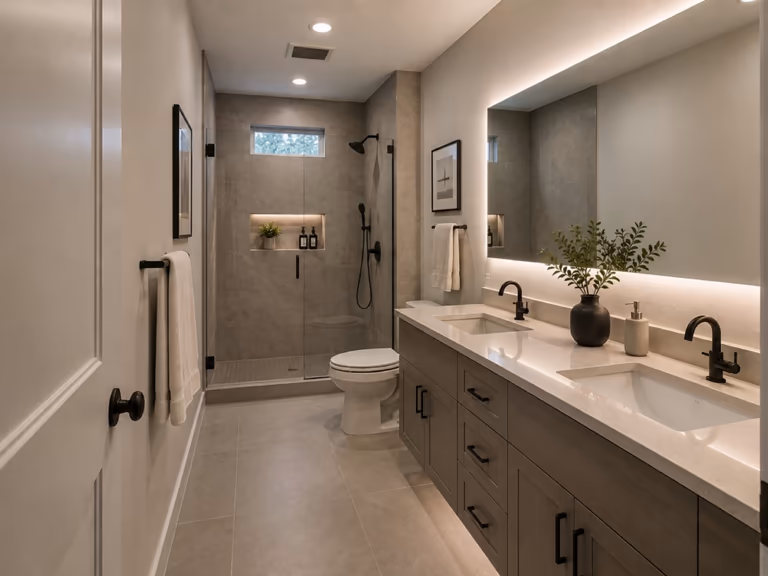 A 5 by 10 foot primary bathroom with a double vanity along one wall, a toilet, and a walk-in shower with a glass screen at the far end