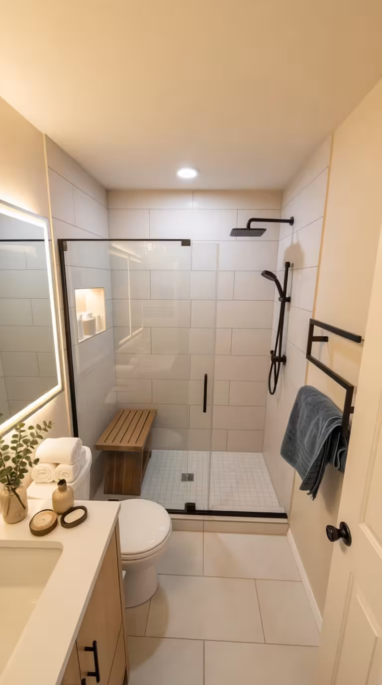 Contemporary bathroom with beige wall tiles, frameless glass shower, floating teak bench, and matte black fixtures