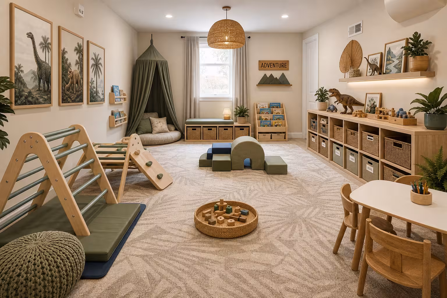 Modern Scandinavian playroom with sage green accents, Montessori climbing toy, woven storage baskets, dinosaur decor, and cozy reading nook.