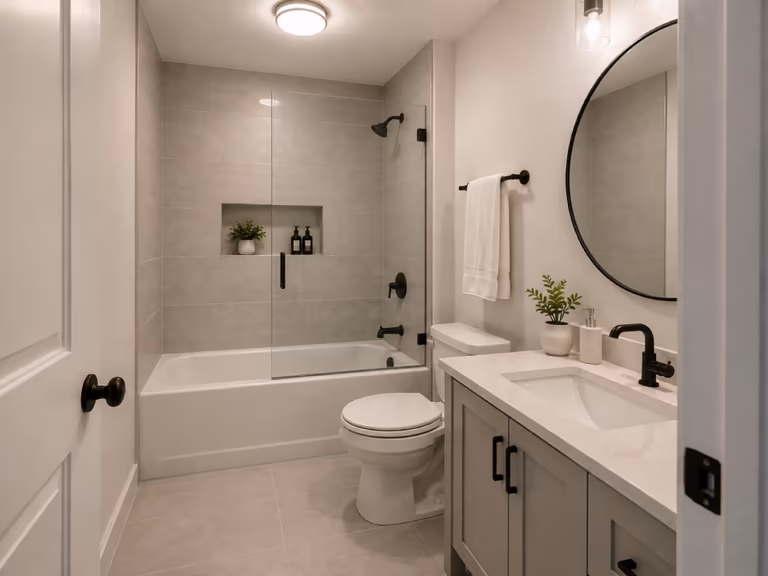 A typical 5 by 7 foot bathroom with an alcove bathtub behind a glass screen, a toilet beside it and a single vanity on the right