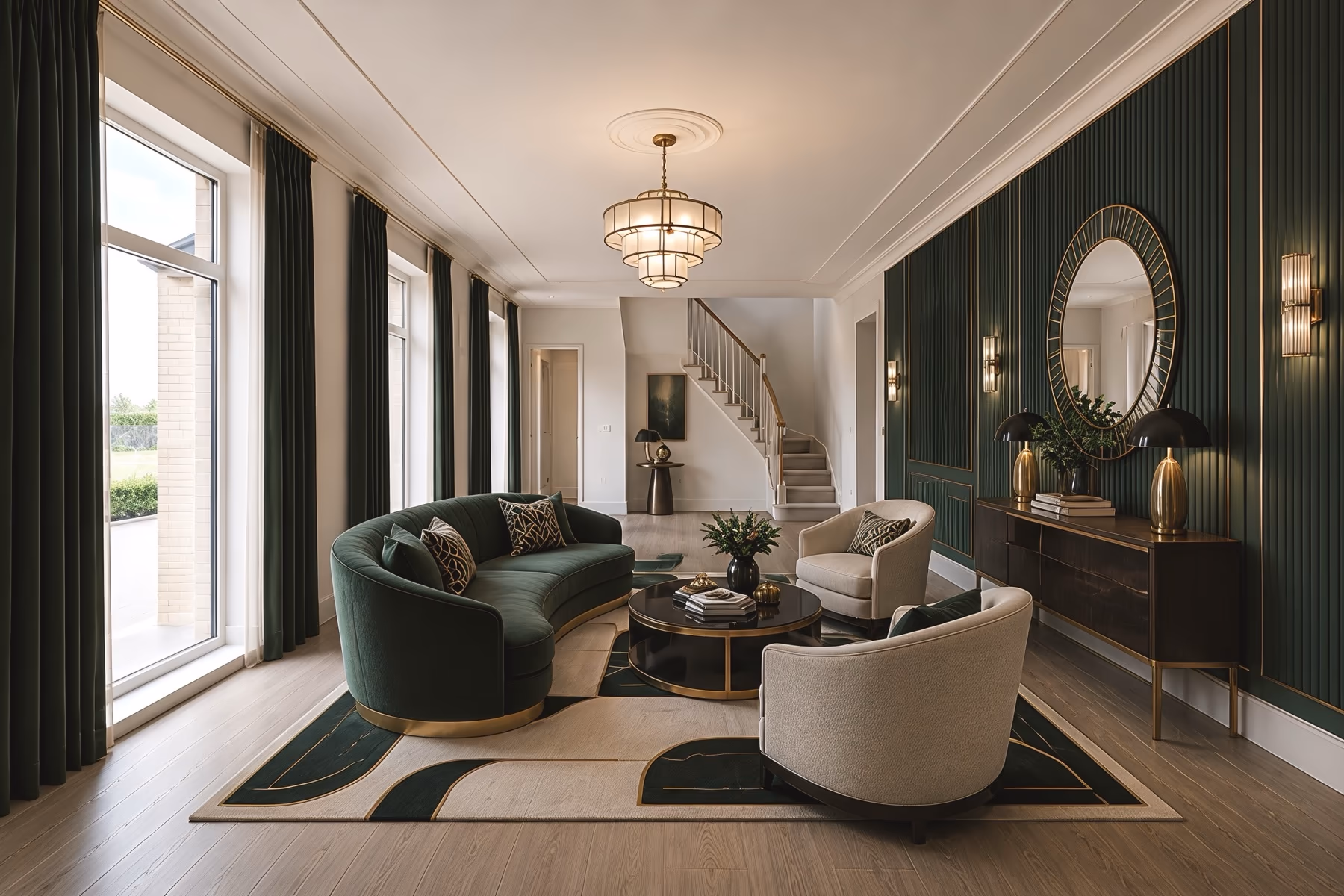 The same entrance hall redesigned in an Art Deco style with emerald green fluted panels, brass details and a geometric rug