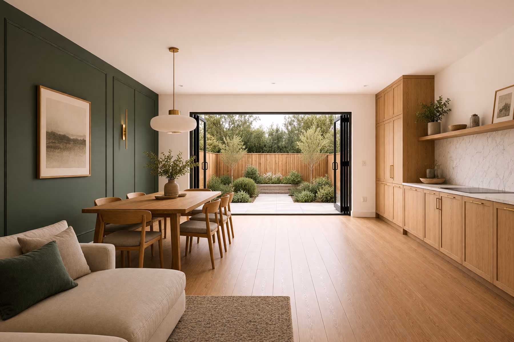 Open plan home redesigned as a warm contemporary family space with green panelling and an oak kitchen