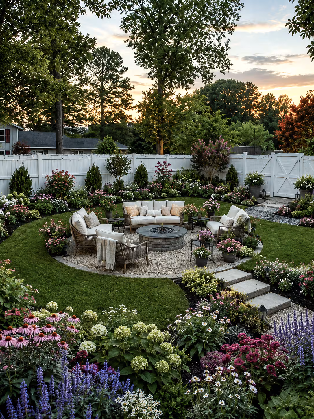 Cottage-style backyard with fire pit and curved wicker sectional, lush garden beds with hydrangeas and coneflowers, string lights on white fence at sunset