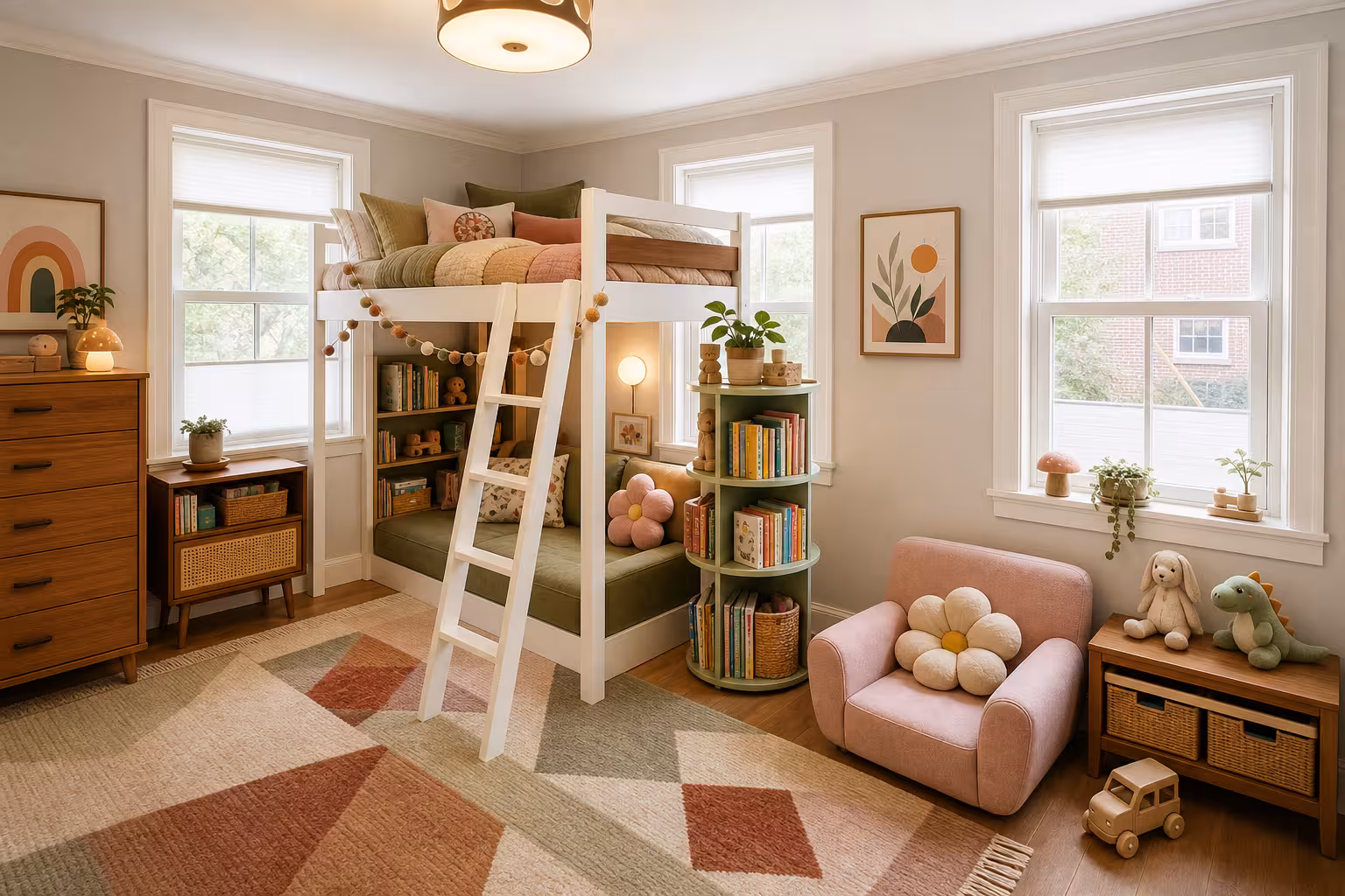 Mid-Century Modern kids bedroom with loft bed reading nook, blush chair, geometric rug, and built in book storage