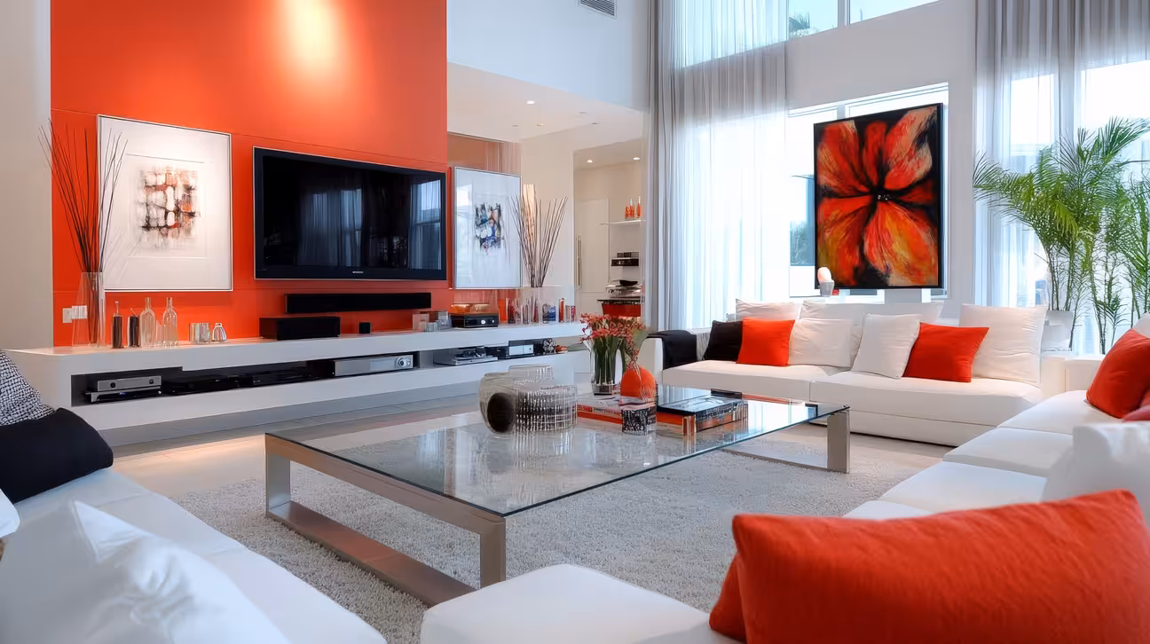 AI-generated Contemporary living room with white sofas, bold red accent wall, and glass coffee table