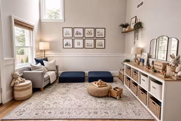 Modern Farmhouse kids playroom with woven toy storage, cozy reading chair, floor cushions, and neutral patterned rug.