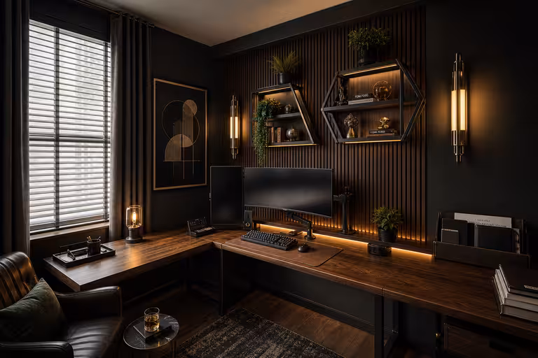 Neo Deco industrial home office with walnut slat wall, warm ambient lighting, and luxury workspace styling