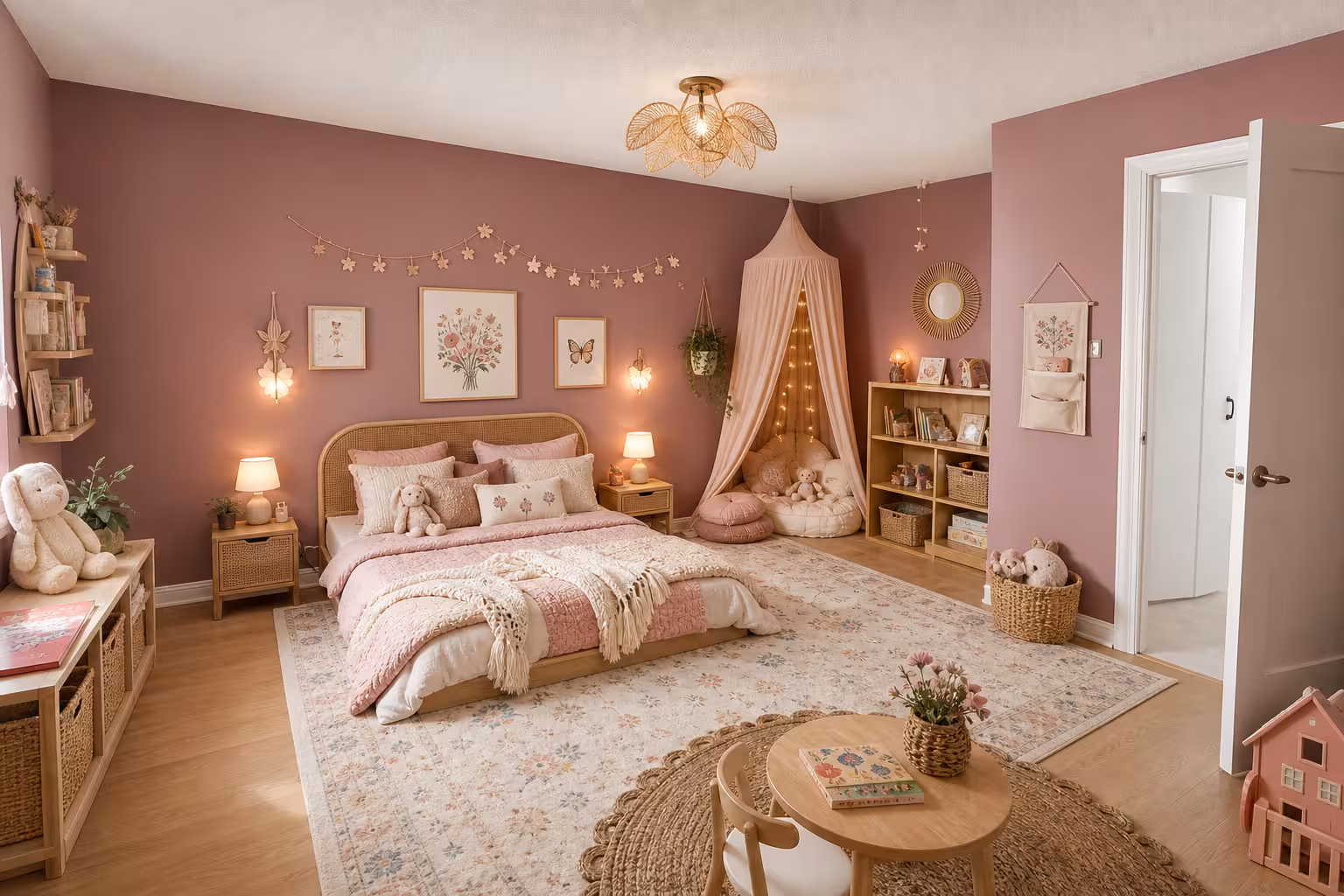 Bohemian kids bedroom with mauve walls, canopy reading nook, woven decor, layered bedding, and open toy shelving