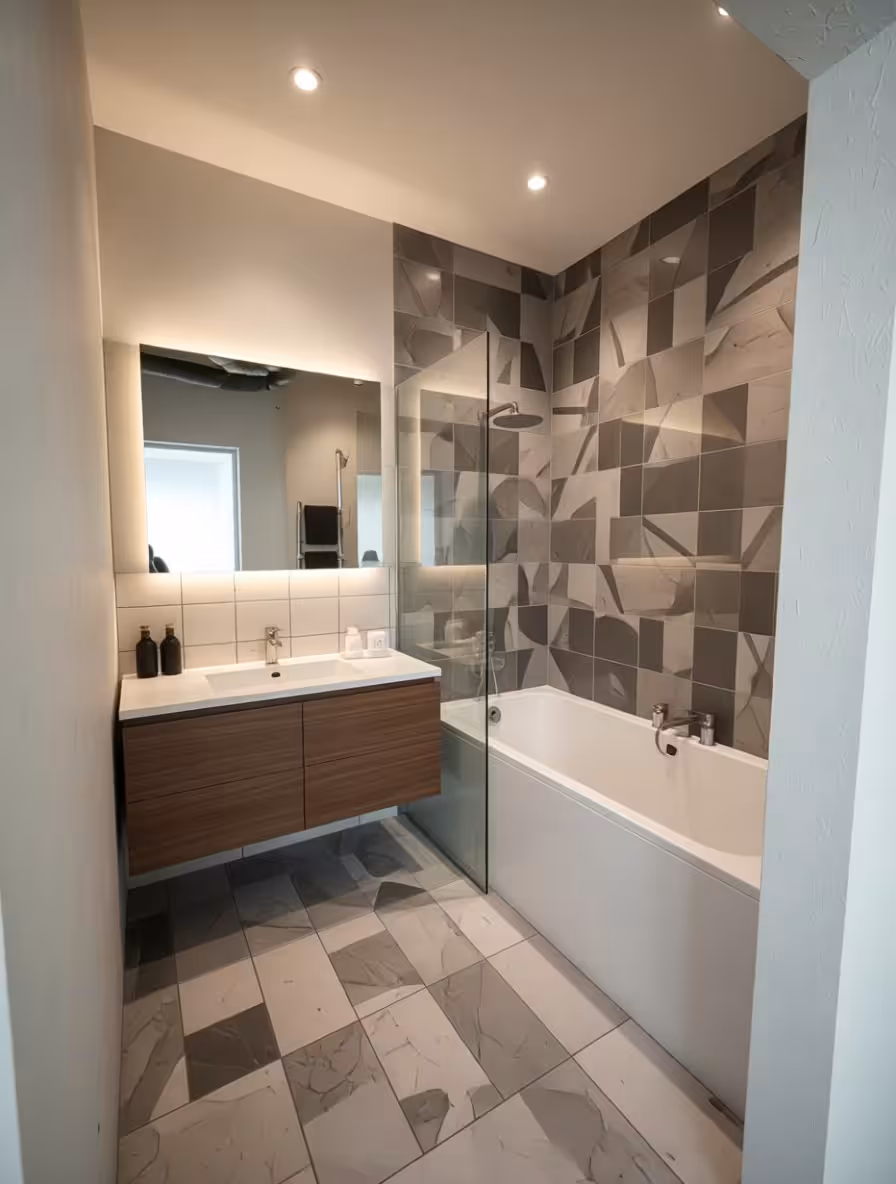 Contemporary bathroom featuring a floating wooden vanity, geometric gray and beige tiles, glass shower partition, and warm recessed lighting.