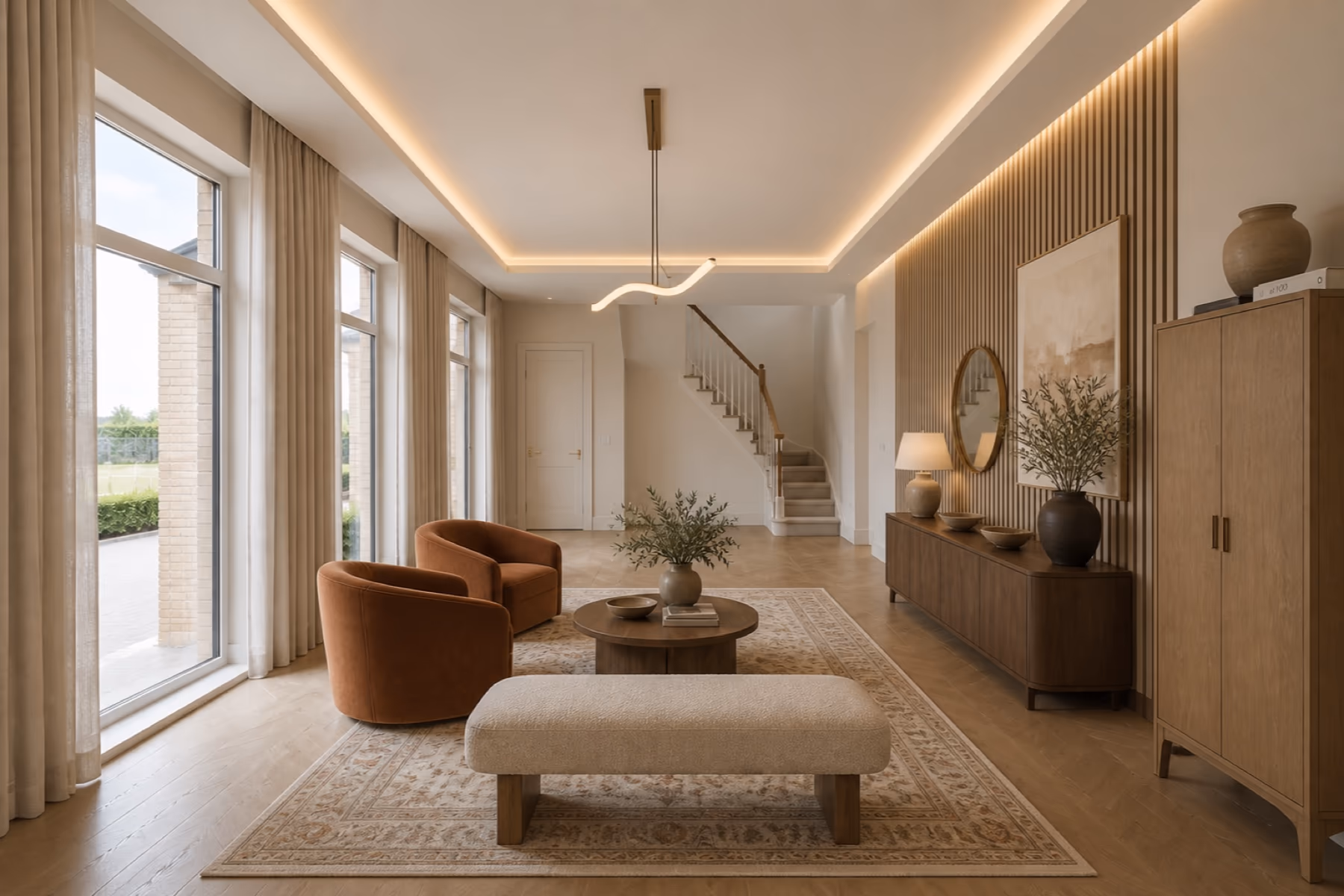 The same entrance hall redesigned in a warm contemporary style with a backlit oak slat wall, rust velvet armchairs, a bench and a tall oak storage cabinet