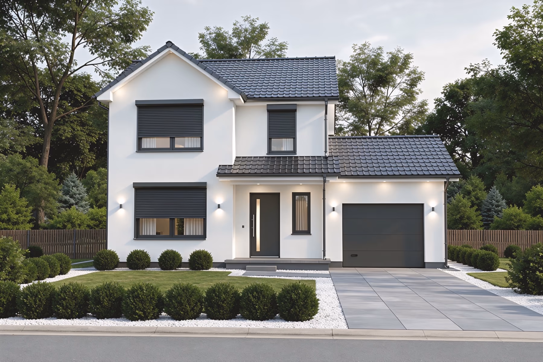 House exterior redesigned in German Stadtvilla style with white render and anthracite roller shutters