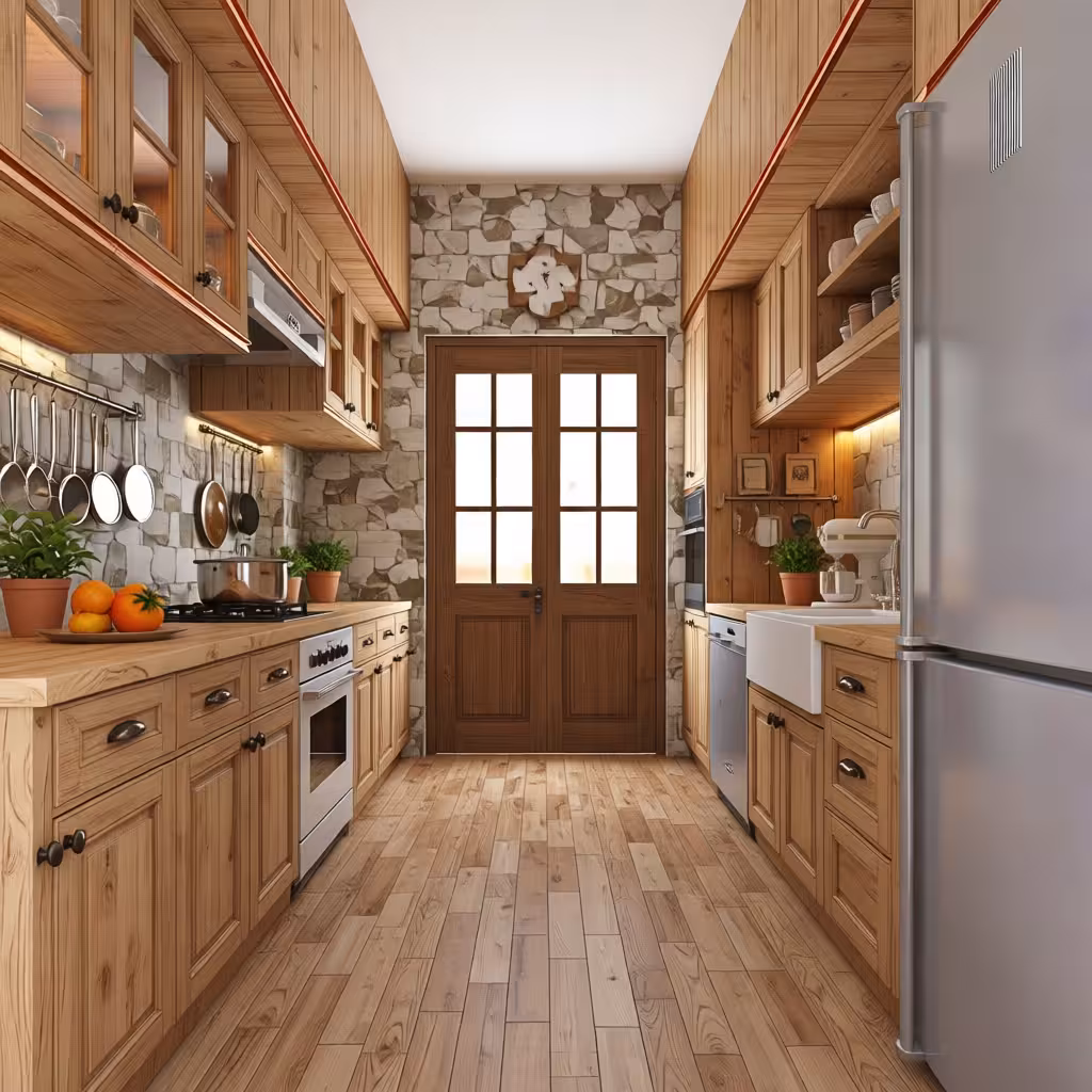 Rustic galley kitchen with warm wooden cabinetry, stone accent walls, stainless steel appliances, farmhouse sink, and natural light.