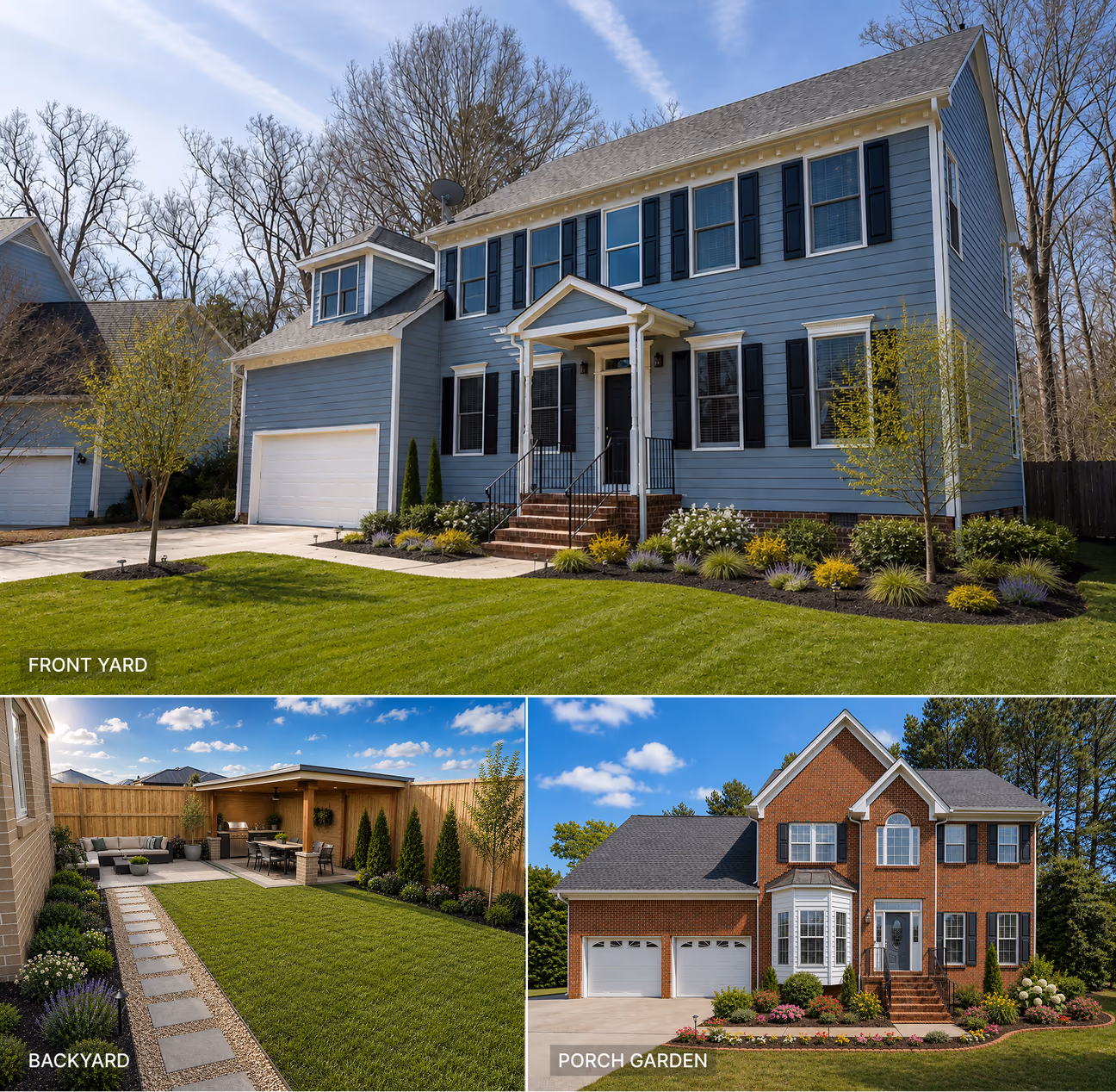 A collage of landscaped front yard and backyards