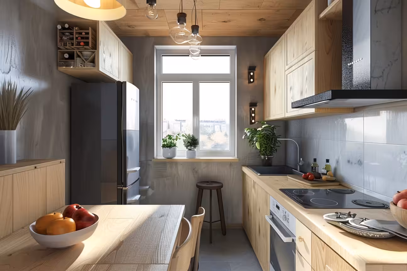 Small Kitchen Design - An AI-generated small kitchen with wooden counters, table, chair, refrigerator, a window.