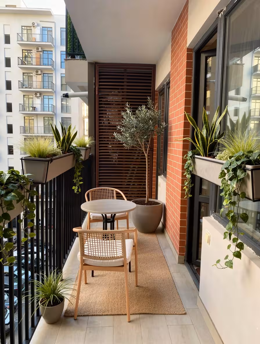 Modern apartment balcony with woven bistro seating, planter boxes, layered greenery, and wood privacy screen