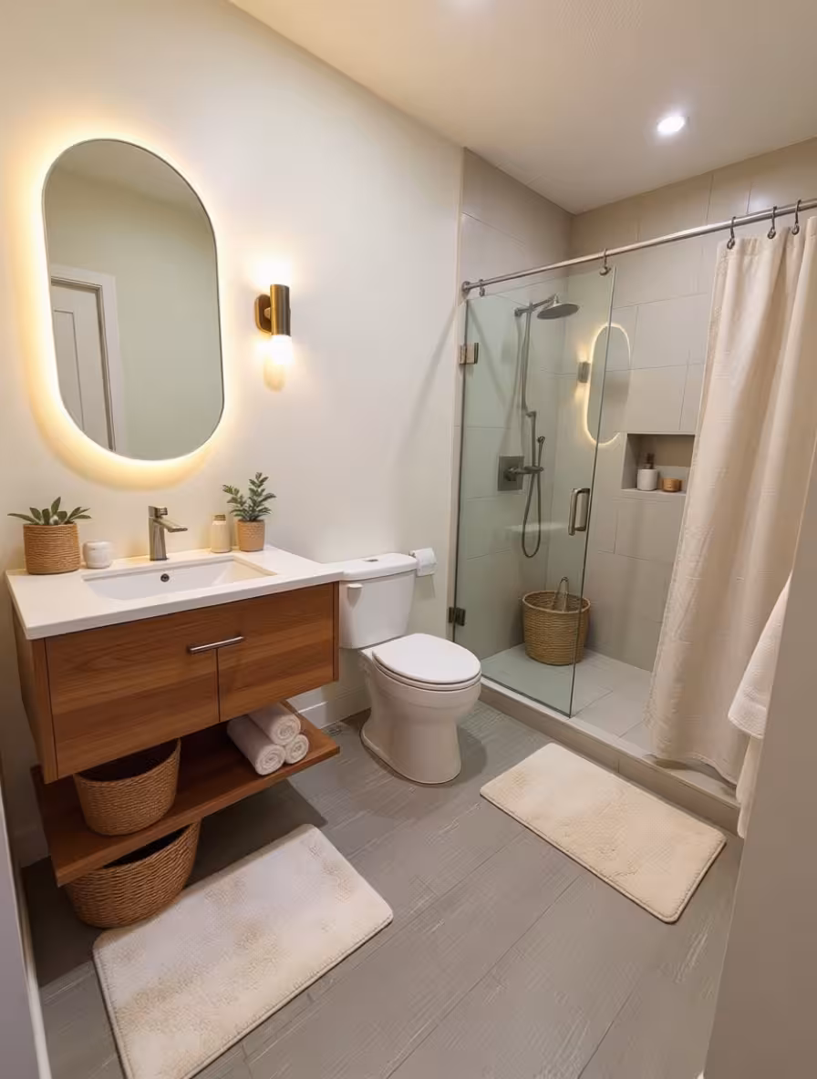 Modern minimalist bathroom with floating wood vanity, backlit mirror, frameless glass shower, woven baskets, and soft neutral decor