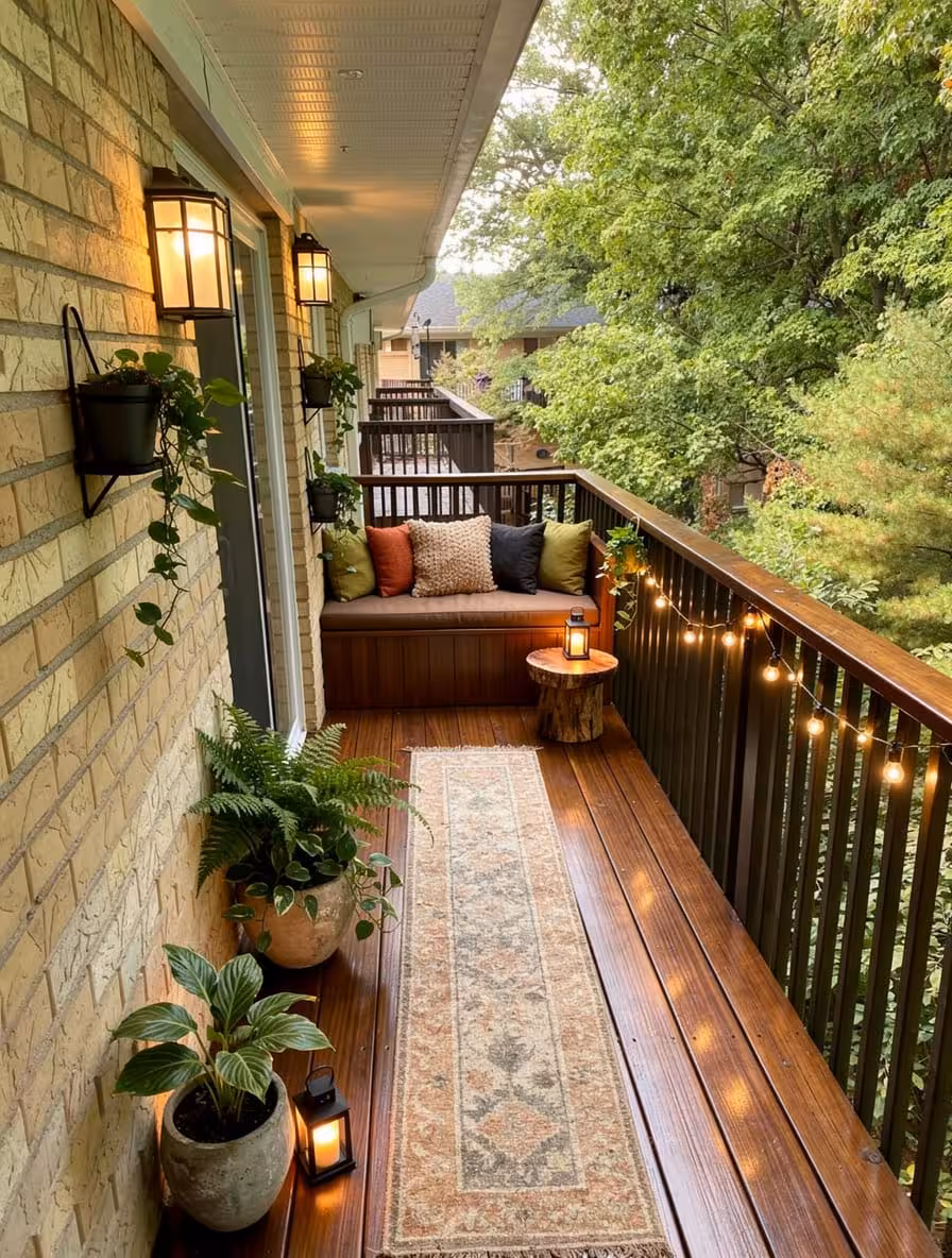 Rustic modern balcony with built-in bench seating, string lights, layered greenery, and wood decking
