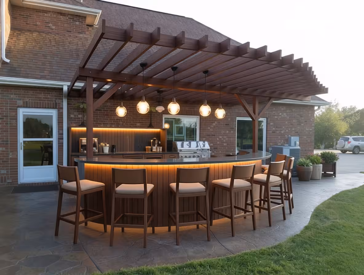 Mid-Century Modern outdoor kitchen with curved bar seating, walnut pergola, and ambient lighting