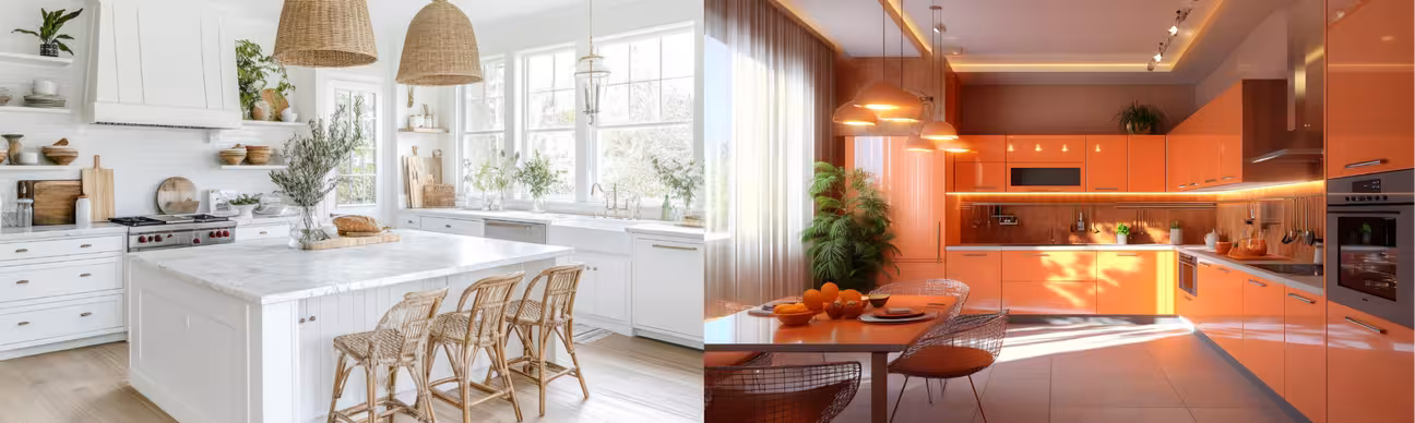 A cold all-white modern kitchen on the left and a warm modern kitchen with peach fuzz accent