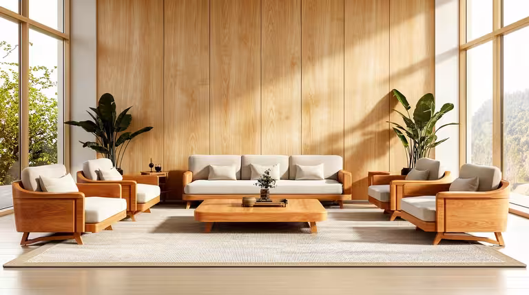 Scandinavian living room with light wood panel walls, minimalist furniture, neutral seating, and modern Nordic decor.