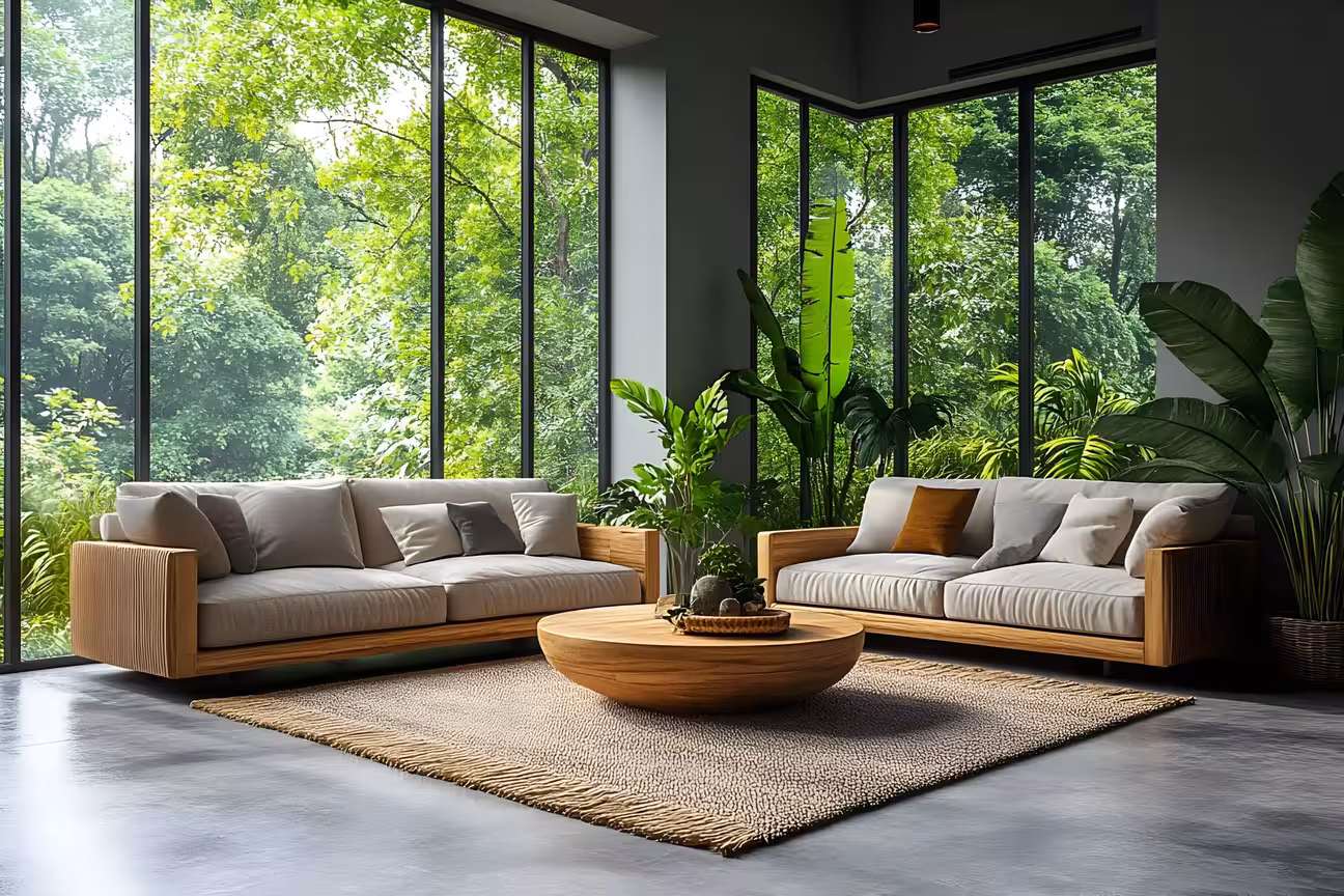 AI-generated Biophilic living room with wood-frame sofas, oval wood coffee table, and floor-to-ceiling forest views