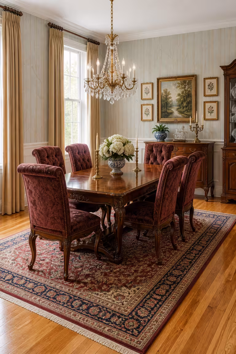 Traditional dining room with velvet upholstered chairs, carved wood table, crystal chandelier, and patterned area rug.