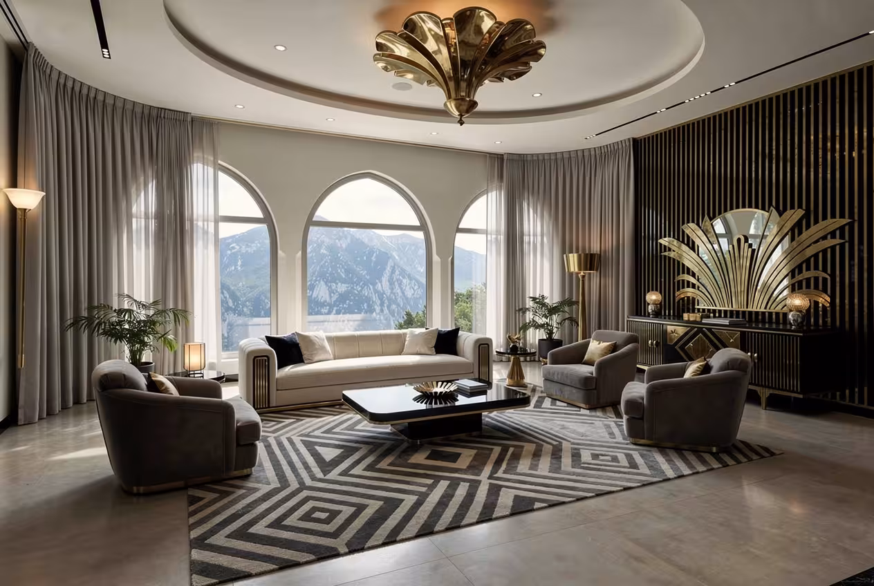 Neo deco living room with geometric rug, gold accents, arched windows, and luxurious modern furniture.