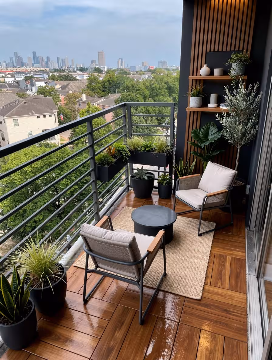 Modern city balcony with wood decking, lounge chairs, layered planters, and skyline views