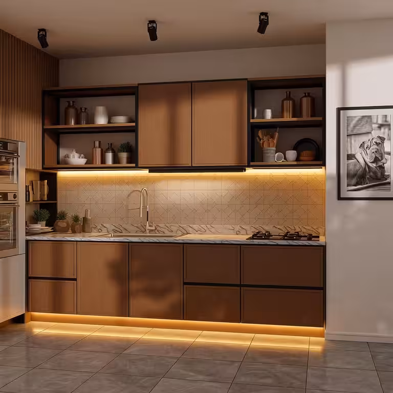 Contemporary open kitchen with warm wood cabinetry, marble countertop, under-cabinet LED lighting, sleek stainless steel appliances, and minimalist open shelving.