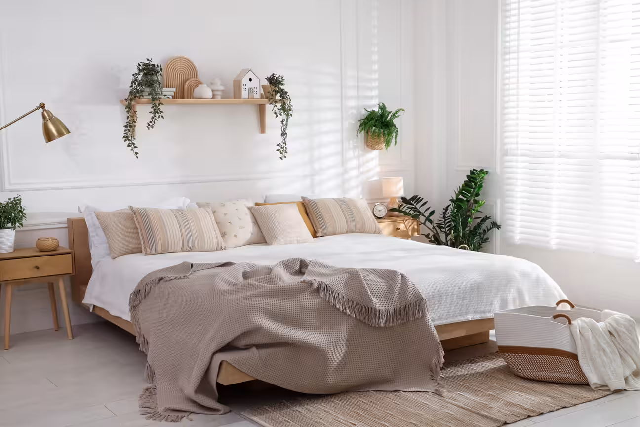 Scandinavian bedroom with white walls, open wood shelf displaying trailing plants and decorative objects, brass arc floor lamp, a wood-framed bed with layered natural textiles, jute rug, and bright natural light from shuttered windows
