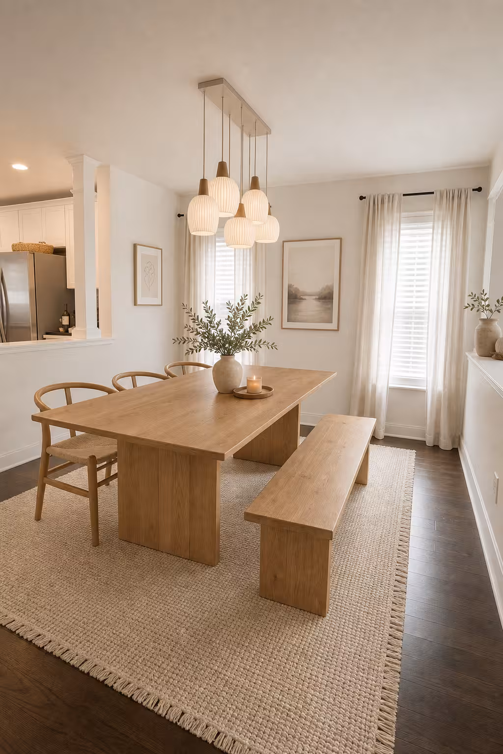 Japandi dining room with light wood dining table, woven rug, paper pendant lights, and neutral decor