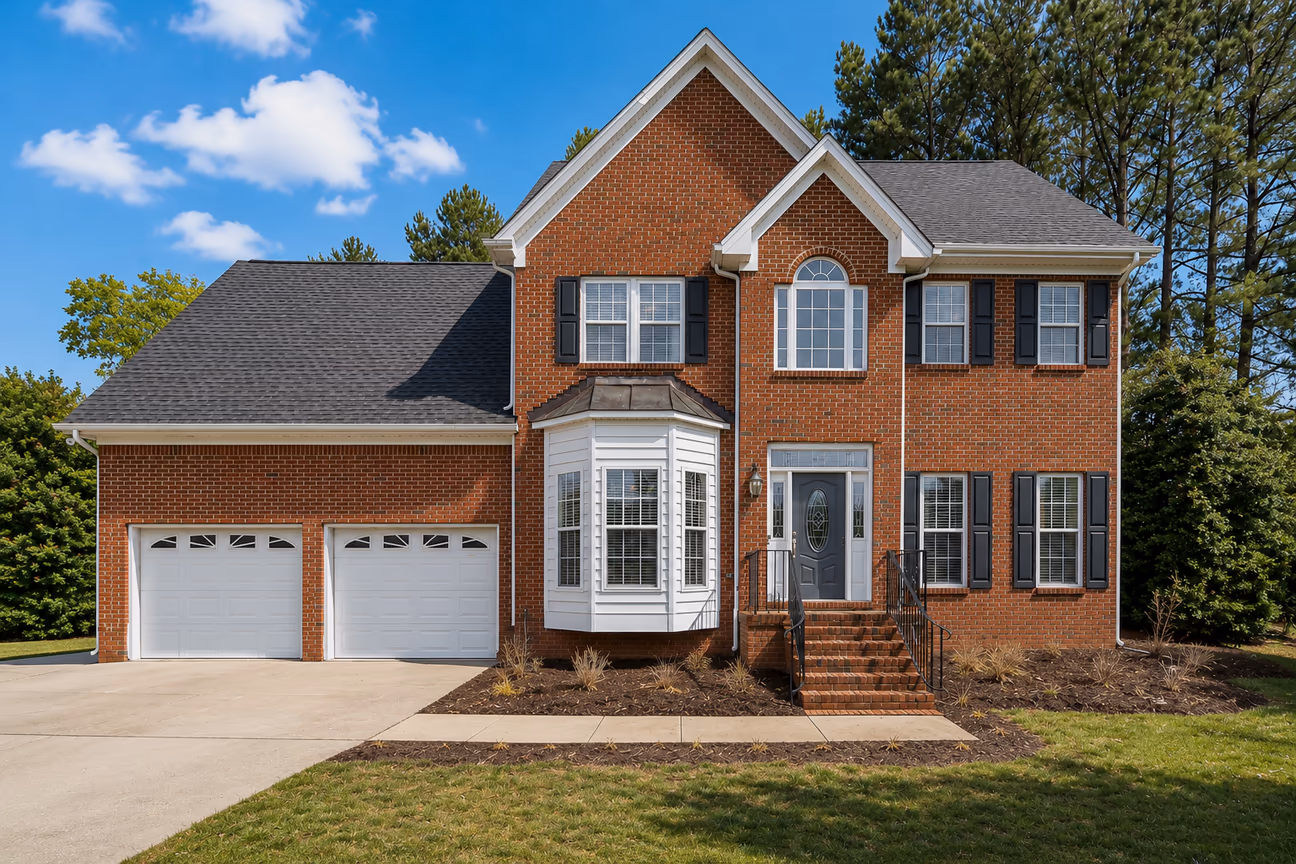 A suburban house with landscaped front yard.