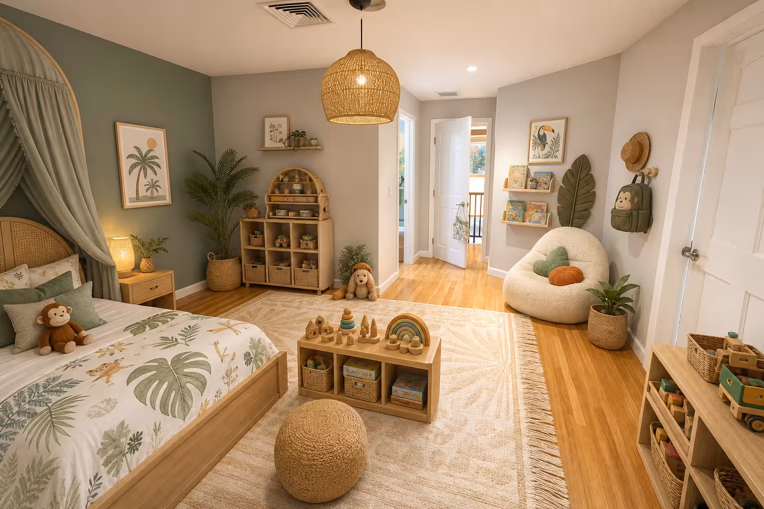 Modern Scandinavian kids bedroom with rattan storage, tropical bedding, woven pendant light, and cozy play area.