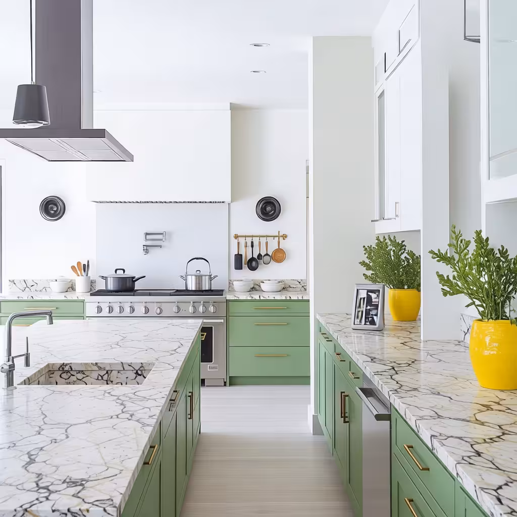 Modern island kitchen with sage green cabinetry, white marble countertops, stainless steel appliances, yellow plant pots, and minimalist brass hardware.