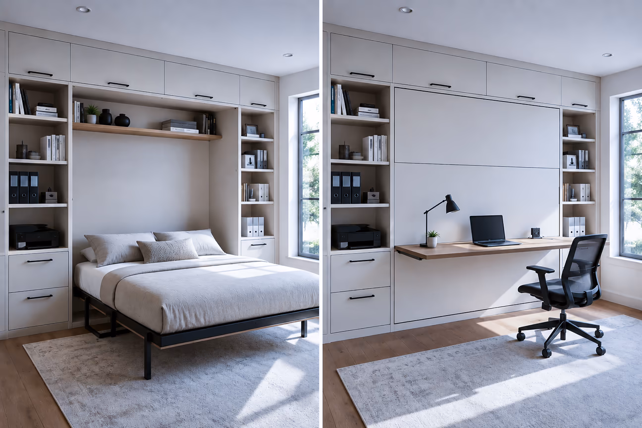 Side-by-side comparison of a modern Murphy bed room in bedroom and home office configurations. The left image shows the Murphy bed folded down with white bedding, built-in shelving, overhead cabinets, and soft natural daylight. The right image shows the bed folded up into a clean white wall cabinet, revealing a floating wood desk with a laptop, task lamp, ergonomic office chair, and integrated storage for a space-saving home office.