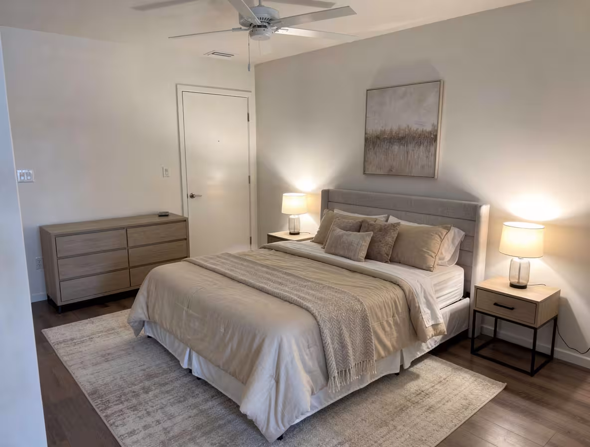Modern minimalist bedroom with upholstered bed, light wood furniture, soft lighting, and beige bedding