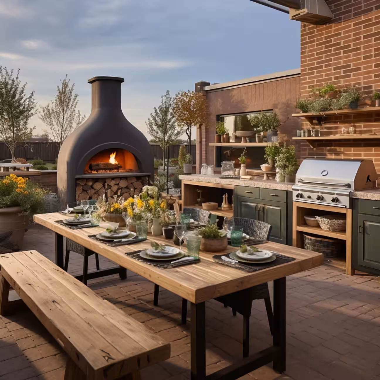 Backyard kitchen with built-in grill, sleek countertops, and open patio dining area with greenery