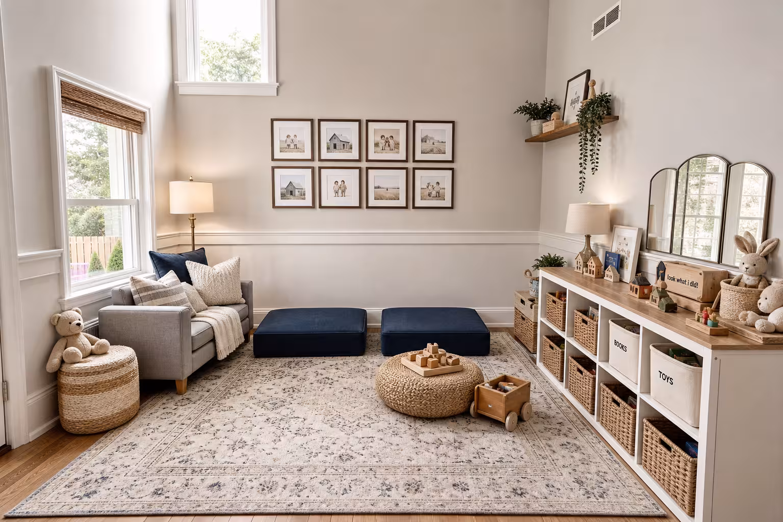 Modern Farmhouse kids playroom with woven toy storage, cozy reading chair, floor cushions, and neutral patterned rug.