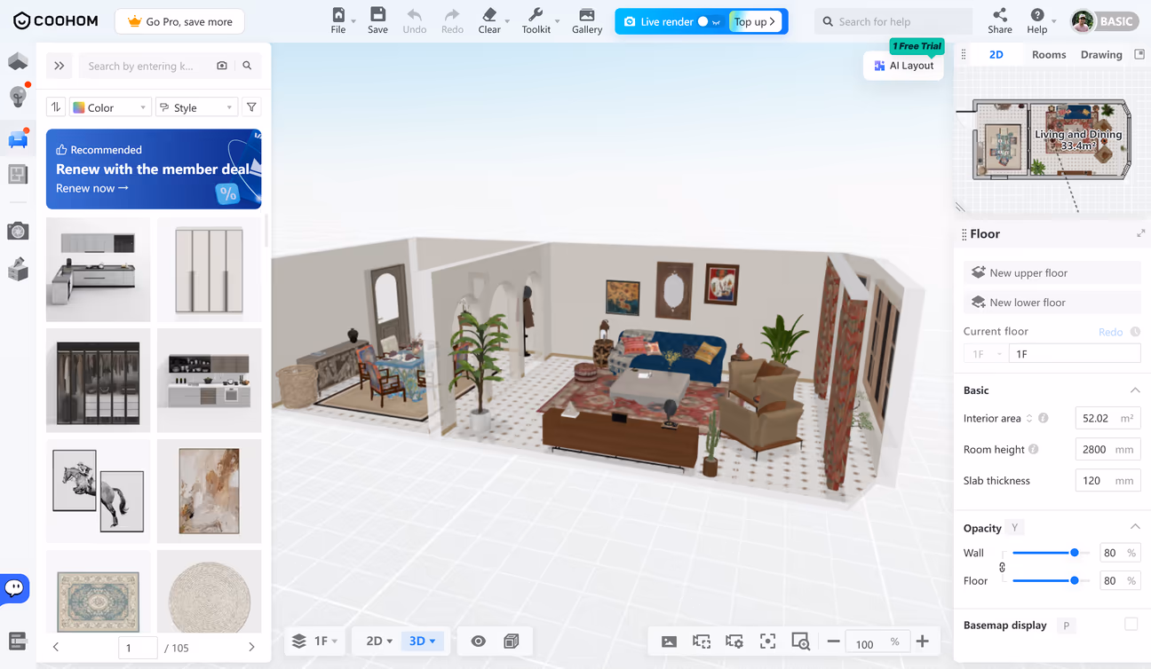 creador de planos gratis coohom mostrando una habitación amueblada en 3d