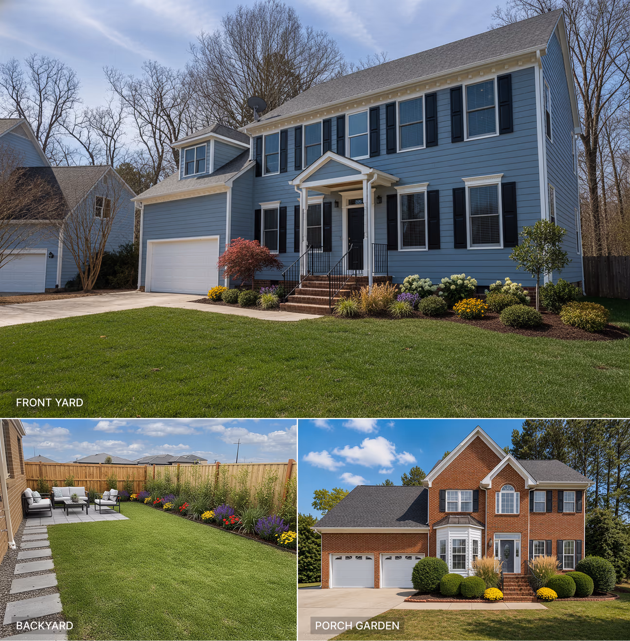 Collage of Home Design AI generated front yards and backyard