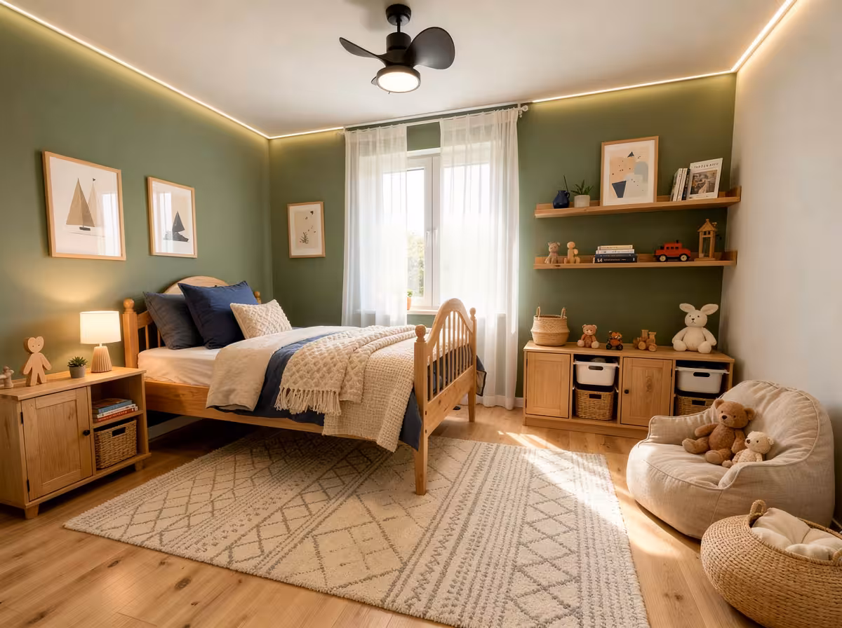 Modern Scandinavian kids bedroom with sage green walls, oak furniture, woven rug, floating shelves, and soft daylight